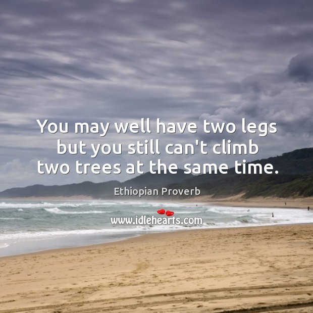 You may well have two legs but you still can’t climb two trees at the same time. Ethiopian Proverbs Image