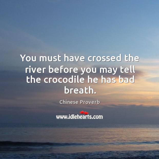 You must have crossed the river before you may tell the crocodile he has bad breath. Chinese Proverbs Image