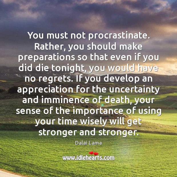 You must not procrastinate. Rather, you should make preparations so that even Dalai Lama Picture Quote