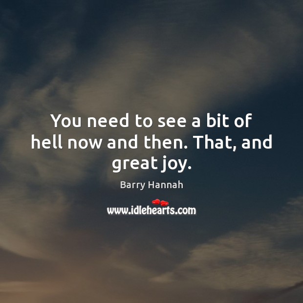 You need to see a bit of hell now and then. That, and great joy. Barry Hannah Picture Quote
