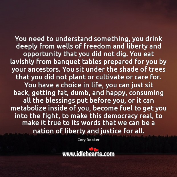 You need to understand something, you drink deeply from wells of freedom Cory Booker Picture Quote