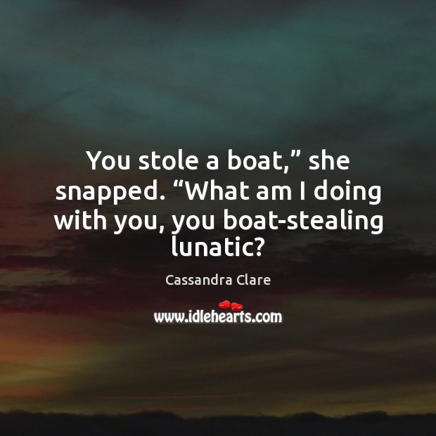 You stole a boat,” she snapped. “What am I doing with you, you boat-stealing lunatic? Image