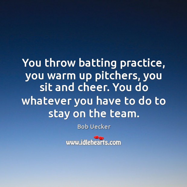 You throw batting practice, you warm up pitchers, you sit and cheer. Bob Uecker Picture Quote