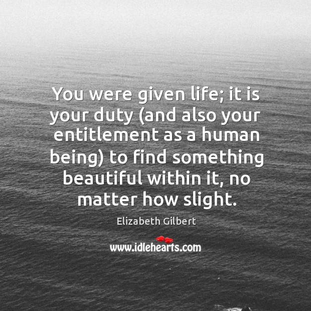 You were given life; it is your duty (and also your entitlement as a human being) to find something Elizabeth Gilbert Picture Quote