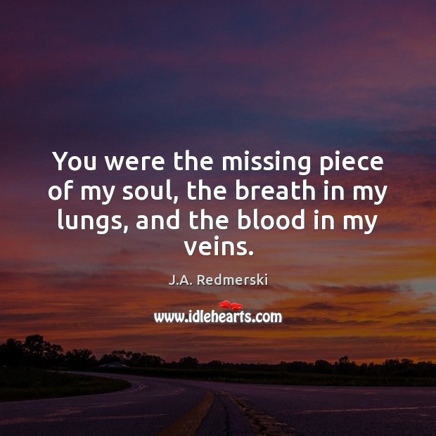 You were the missing piece of my soul, the breath in my lungs, and the blood in my veins. J.A. Redmerski Picture Quote