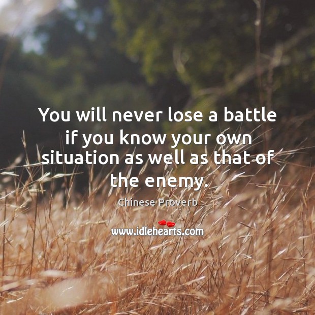 You will never lose a battle if you know your own situation as well as that of the enemy. Chinese Proverbs Image