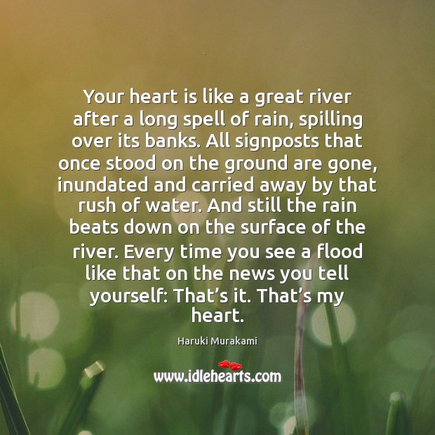 Your heart is like a great river after a long spell of Haruki Murakami Picture Quote