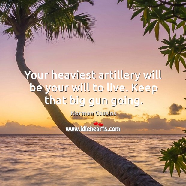 Your heaviest artillery will be your will to live. Keep that big gun going. Norman Cousins Picture Quote