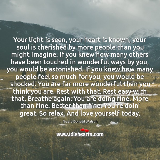 Your light is seen, your heart is known, your soul is cherished Neale Donald Walsch Picture Quote