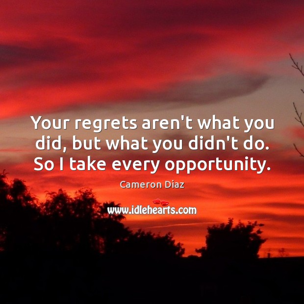 Your regrets aren’t what you did, but what you didn’t do. So I take every opportunity. Cameron Diaz Picture Quote