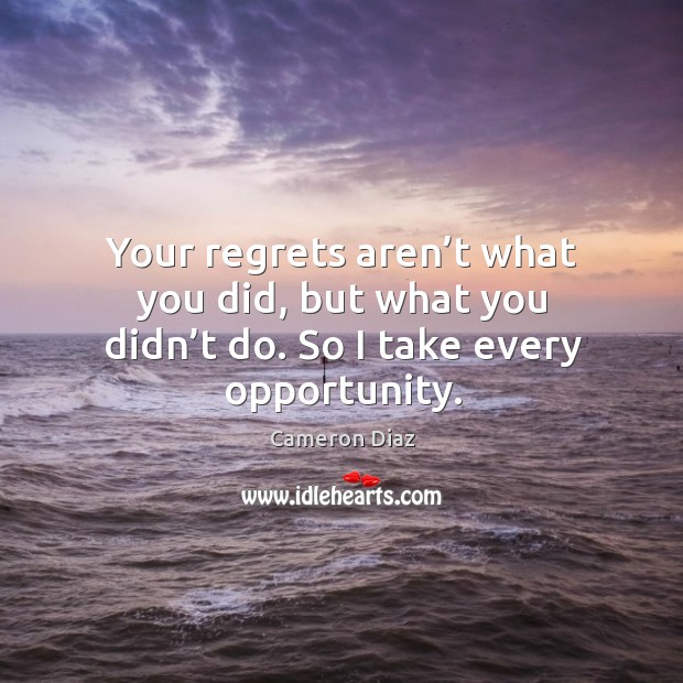 Your regrets aren’t what you did, but what you didn’t do. So I take every opportunity. Cameron Diaz Picture Quote
