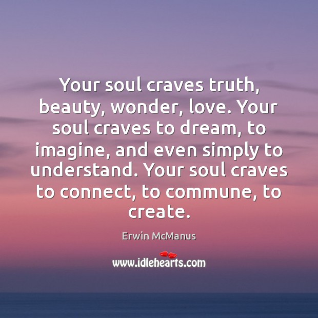 Your soul craves truth, beauty, wonder, love. Your soul craves to dream, Erwin McManus Picture Quote