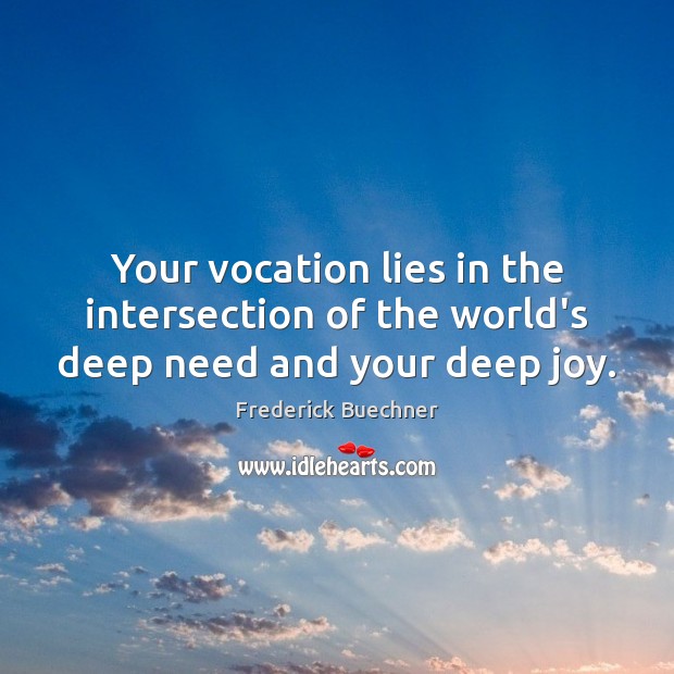 Your vocation lies in the intersection of the world’s deep need and your deep joy. Frederick Buechner Picture Quote