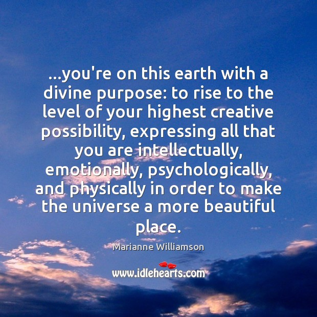 …you’re on this earth with a divine purpose: to rise to the Marianne Williamson Picture Quote