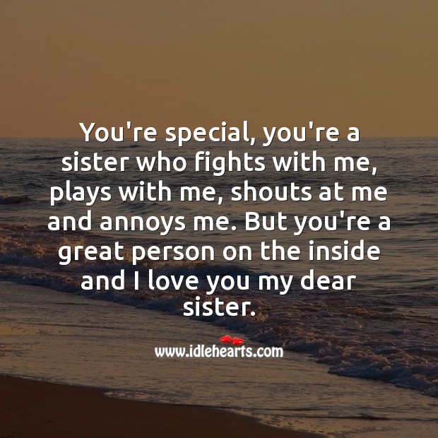You’re special, you’re a great person on the inside and I love you my dear sister. I Love You Quotes Image