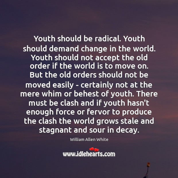 Youth should be radical. Youth should demand change in the world. Youth William Allen White Picture Quote
